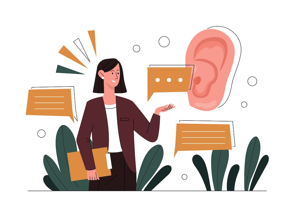 Digital graphic of a business woman and an ear surrounded by text and speech icons. 